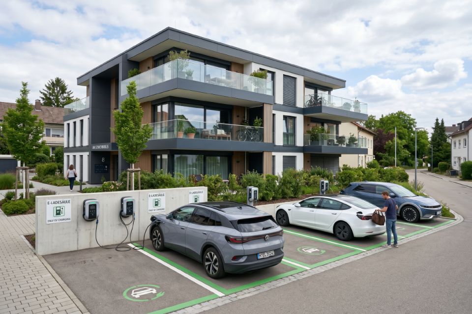 Elektroladesäulen – vor einem Mehrfamilienhaus. Bild: © AdobeFi